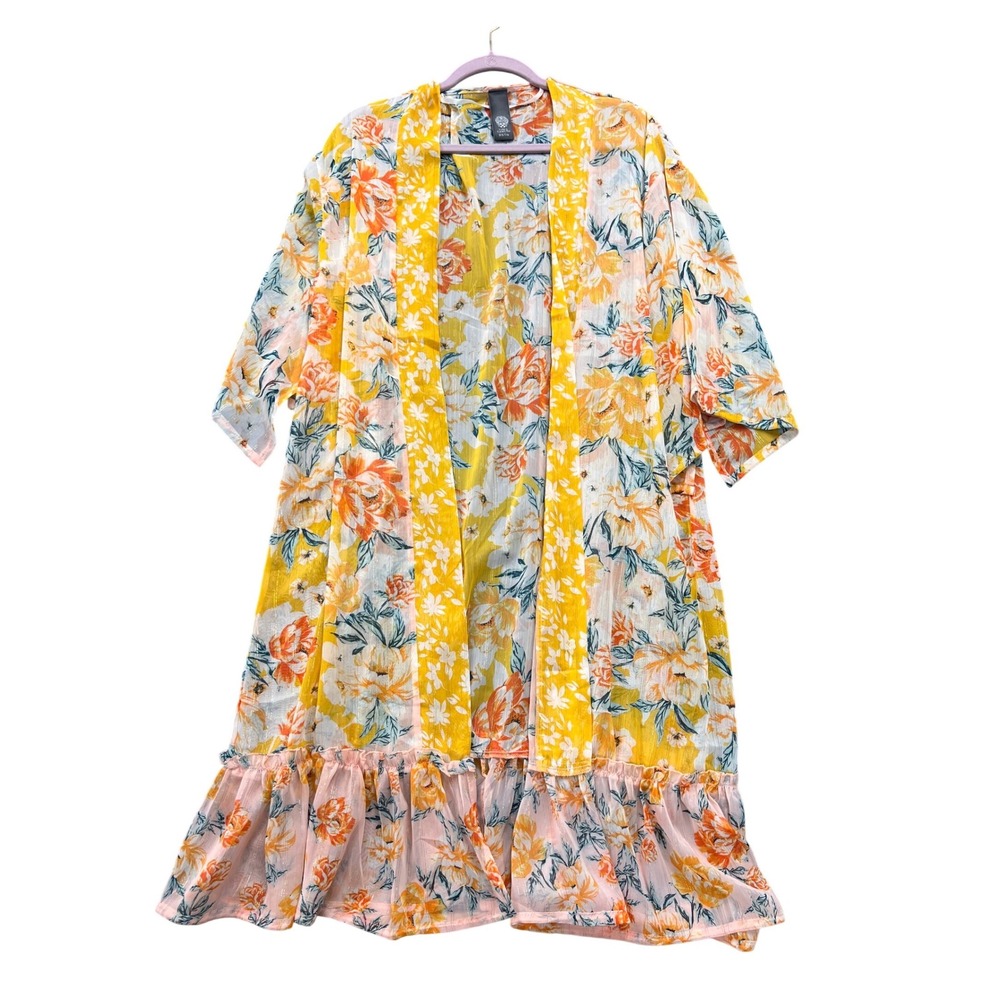 Vince Camuto Floral Kimono Wrap Womens OS Yellow Orange Ruffle Metallic Boho